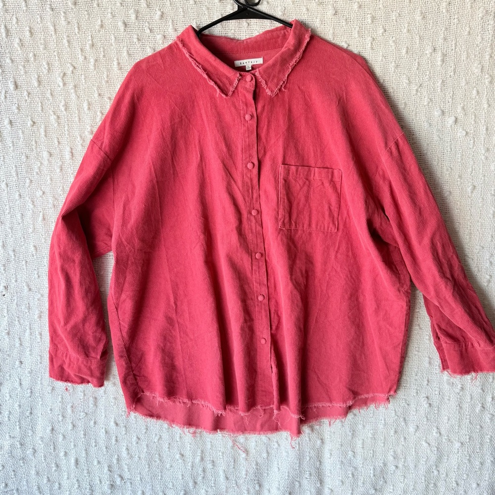 Women’s Large Oversized Corduroy Shacket Lightweight Red Fray Raw Hem Baevely